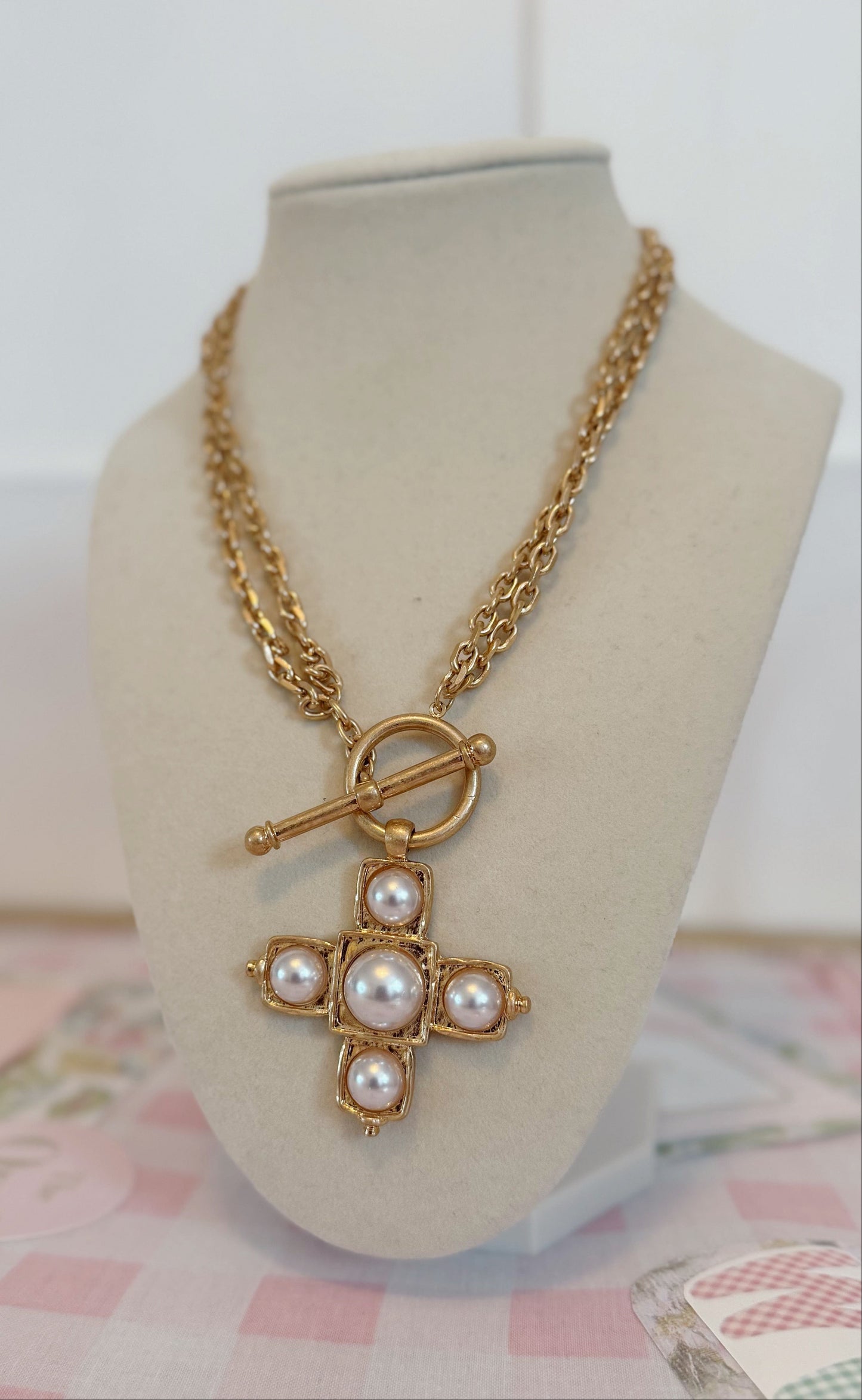 Ivy Layered Cross Pearl Necklace