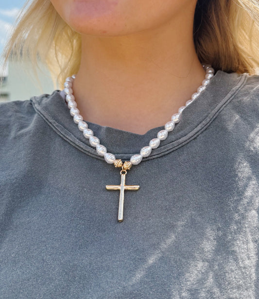 Gracie Pearl Cross Necklace